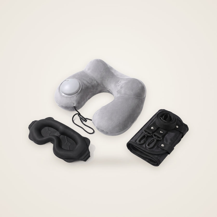 Kit voyage – oreiller gonflable, masque 3D et repose-pieds