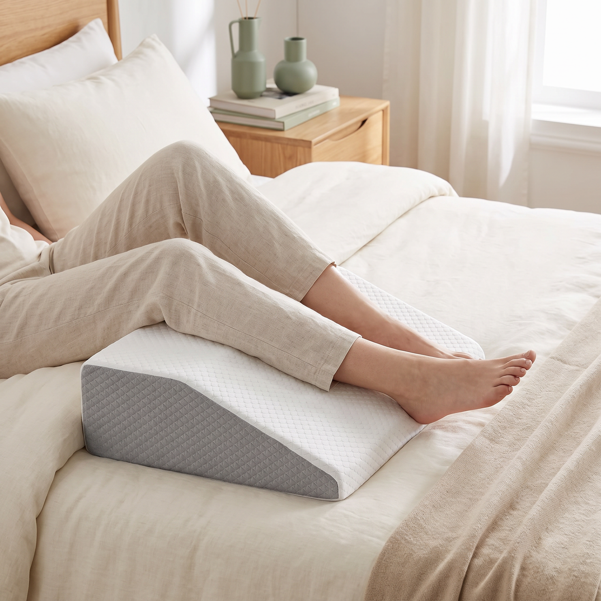 Coussin cale-jambes incliné Posturly – en situation