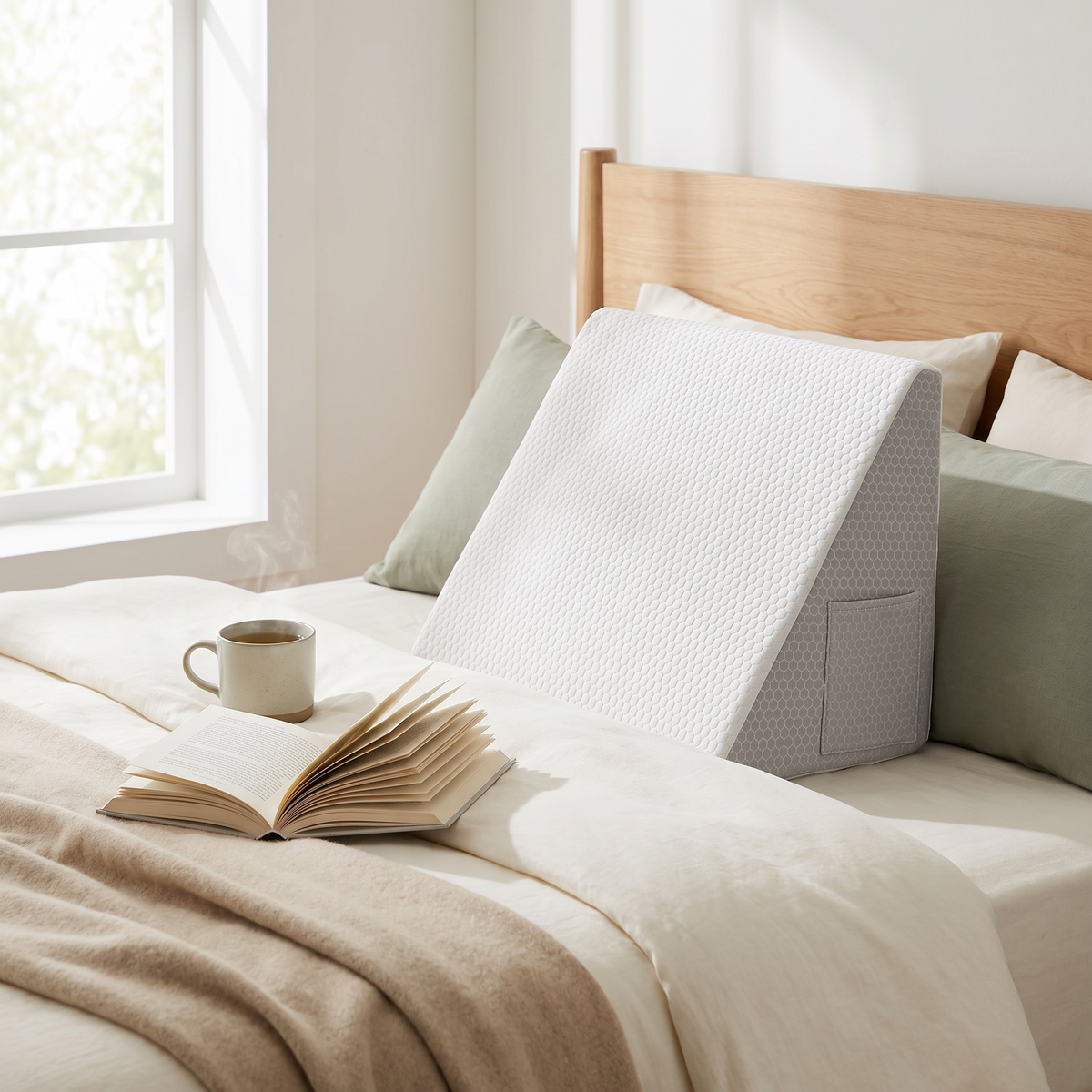 Coussin triangle de lecture Posturly – en situation